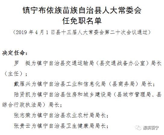 镇宁布依族苗族自治县人力资源和社会保障局人事任命公告